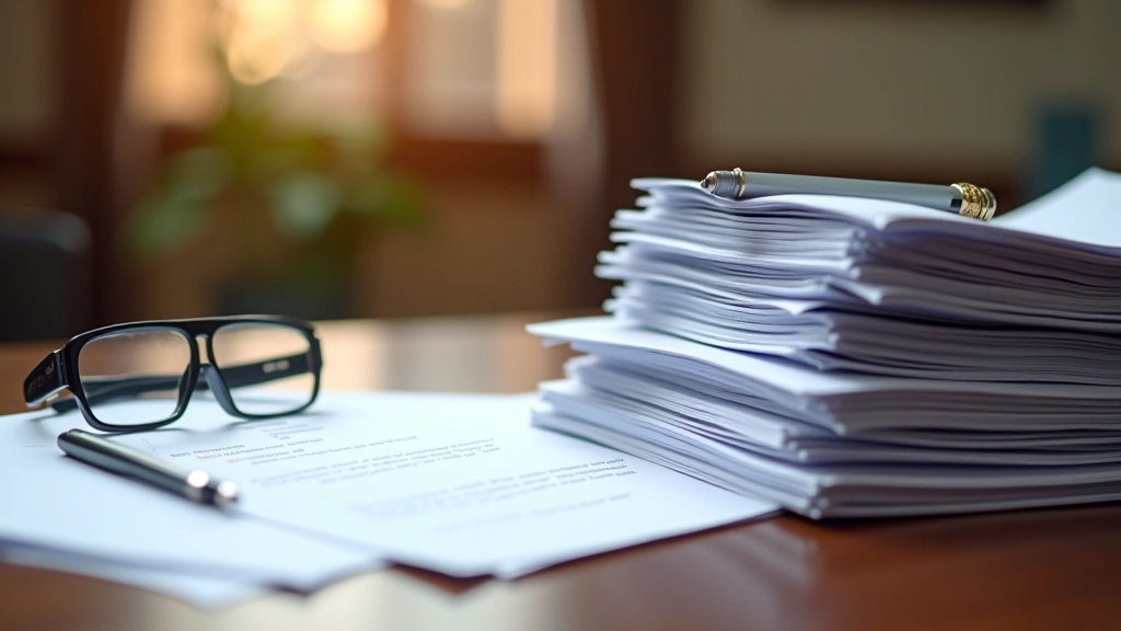Stack of business documents, contracts, and reports organized on wooden desk with pen and notepad in professional office setting