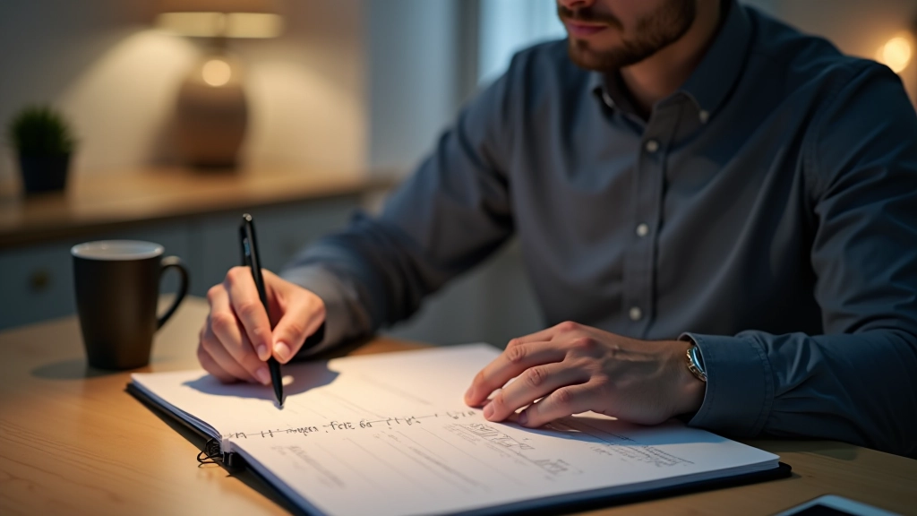 Business professional reviewing strategy documents and planning notes at a clean workspace