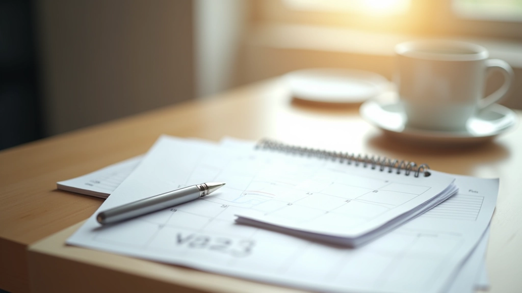 Calendar and notebook on desk showing monthly tracking plan with checkmarks and progress notes