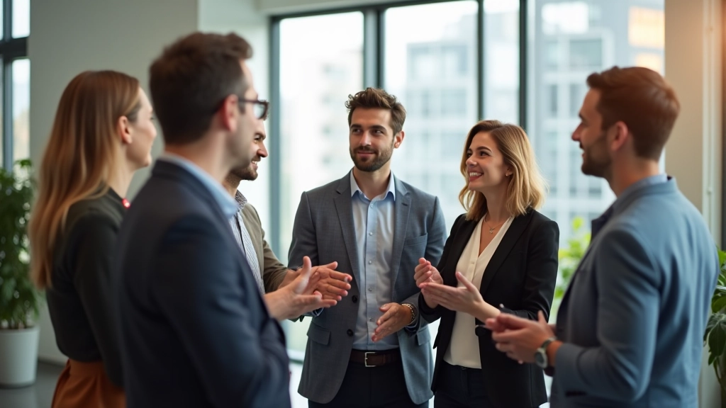 Team members in casual discussion, sharing ideas and concerns in a modern office setting