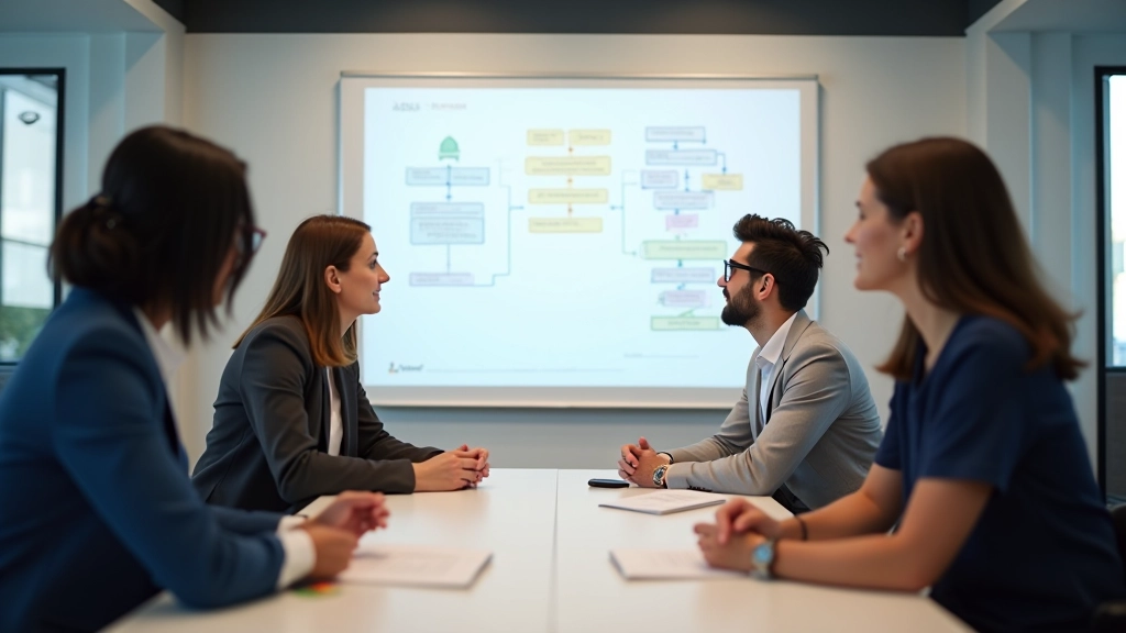 Team members in a workshop setting discussing workflow challenges and writing notes on a whiteboard