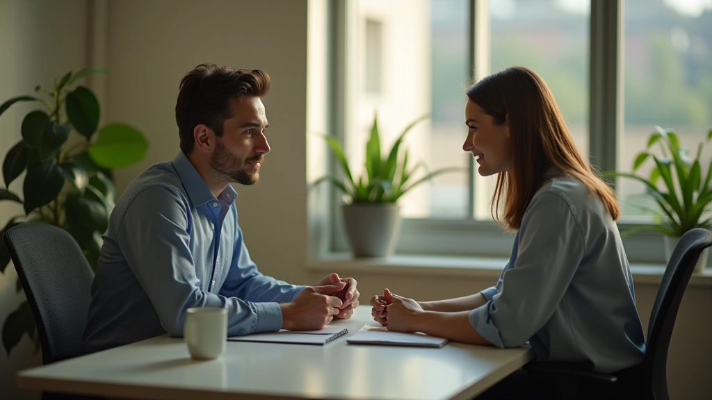 Manager conducting one-on-one conversation with employee at desk, focused discussion