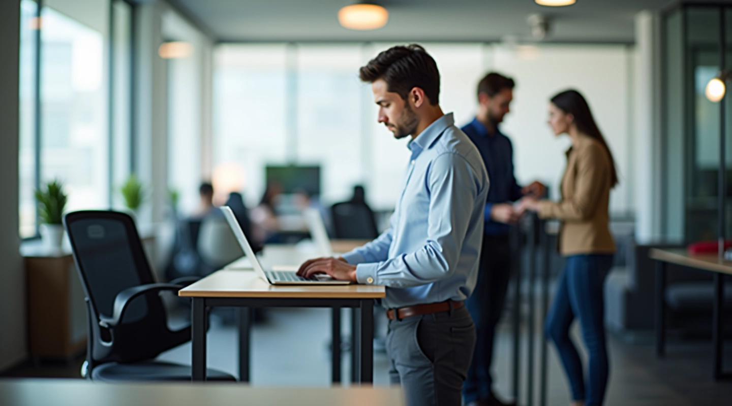 Modern office workspace with professionals collaborating at desks with computers and notebooks