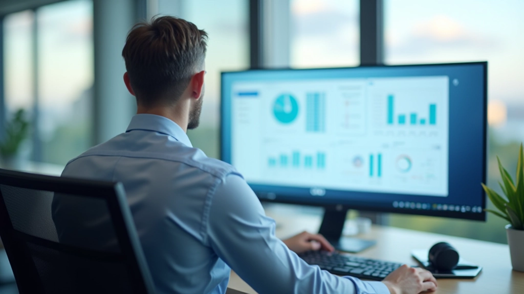 Person at modern office desk reviewing digital documents on large monitor with data analytics dashboard displayed