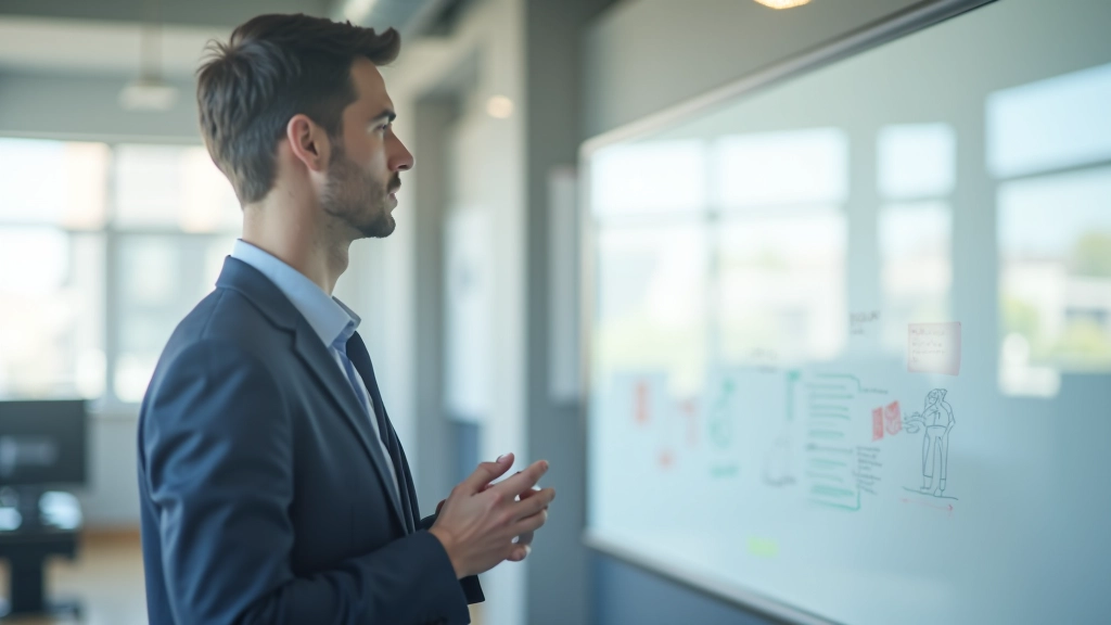 Person pointing at whiteboard with calculations, sticky notes, and ROI framework sketched out in bright office setting