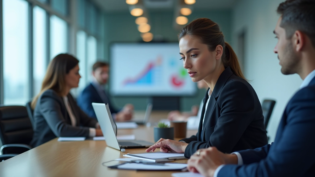 Professional woman presenting data analysis and business metrics on a conference room screen to leadership team